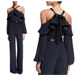 ALEXIS Navy Nola Cold Shoulder Ruffle Wide Leg Halter Neckline Jumpsuit Size S